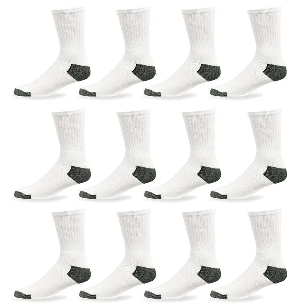 12 Pairs Mens Sports Crew Socks Cotton Calf Cushioned Athletics White Size 10-13