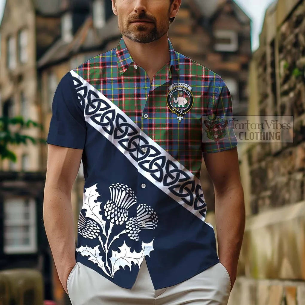 Aikenhead Tartan Short Sleeve Button Shirt Featuring Thistle and Scotland Map