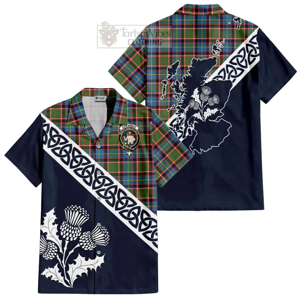 Aikenhead Tartan Short Sleeve Button Shirt Featuring Thistle and Scotland Map
