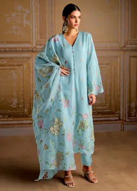 Baby Blue Silk Suit with Resham Work and 3D Patch Detailing on Front and Sleeves