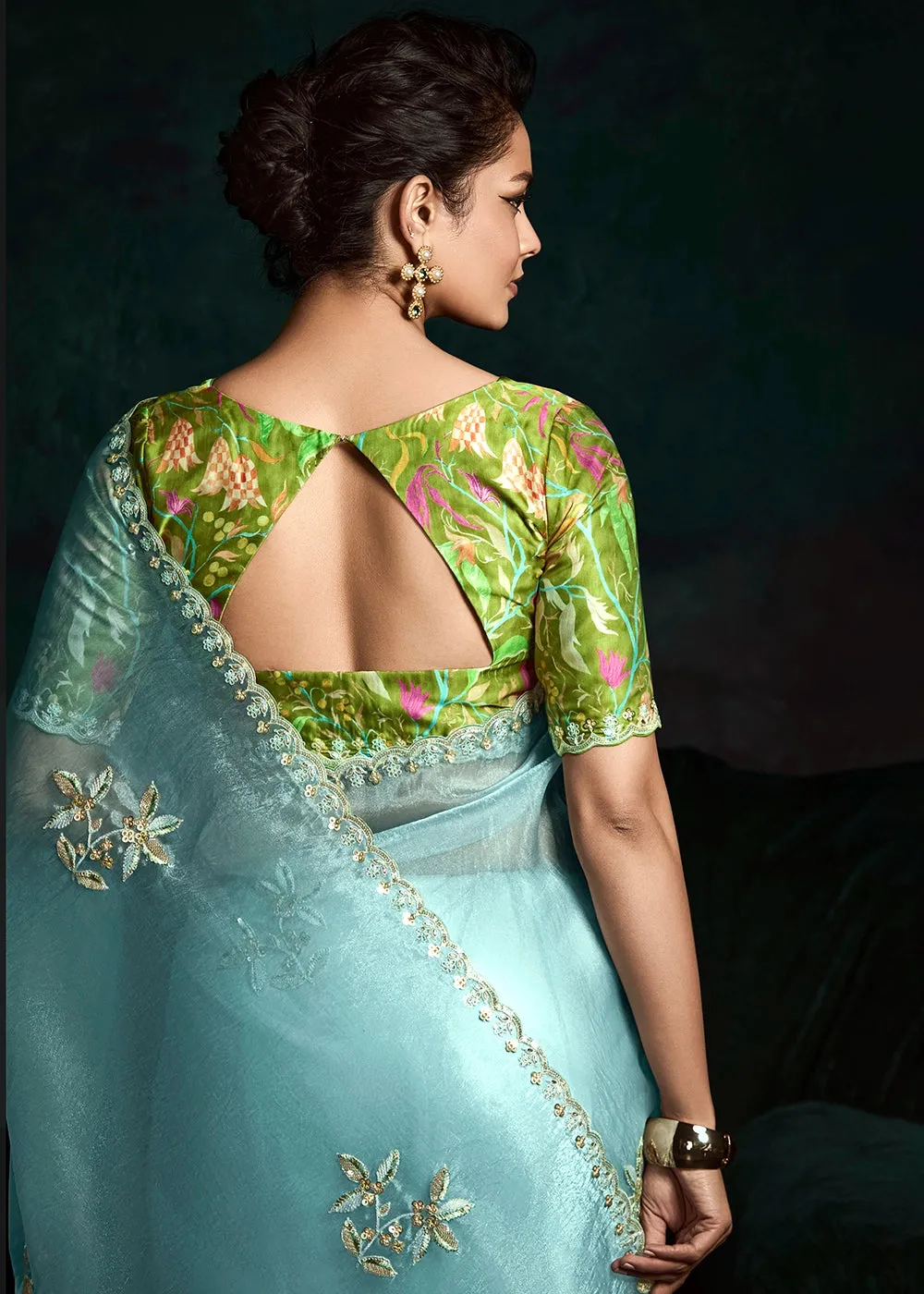 Baby Blue Tissue Saree with Dhaga,Thread & Sequin Embellishments