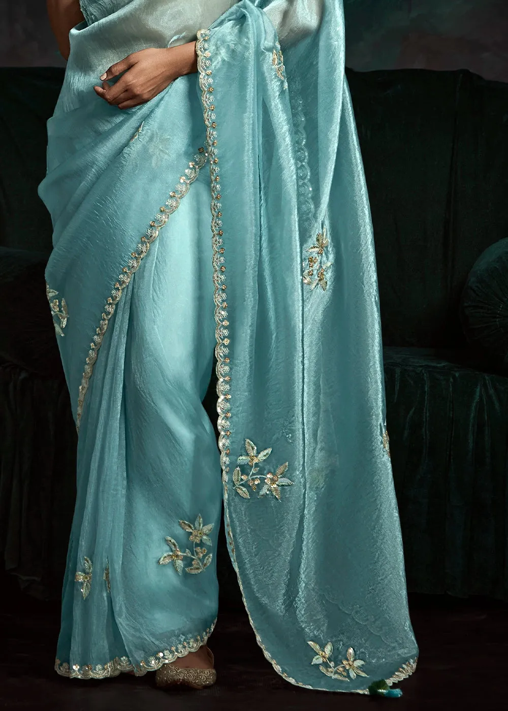 Baby Blue Tissue Saree with Dhaga,Thread & Sequin Embellishments