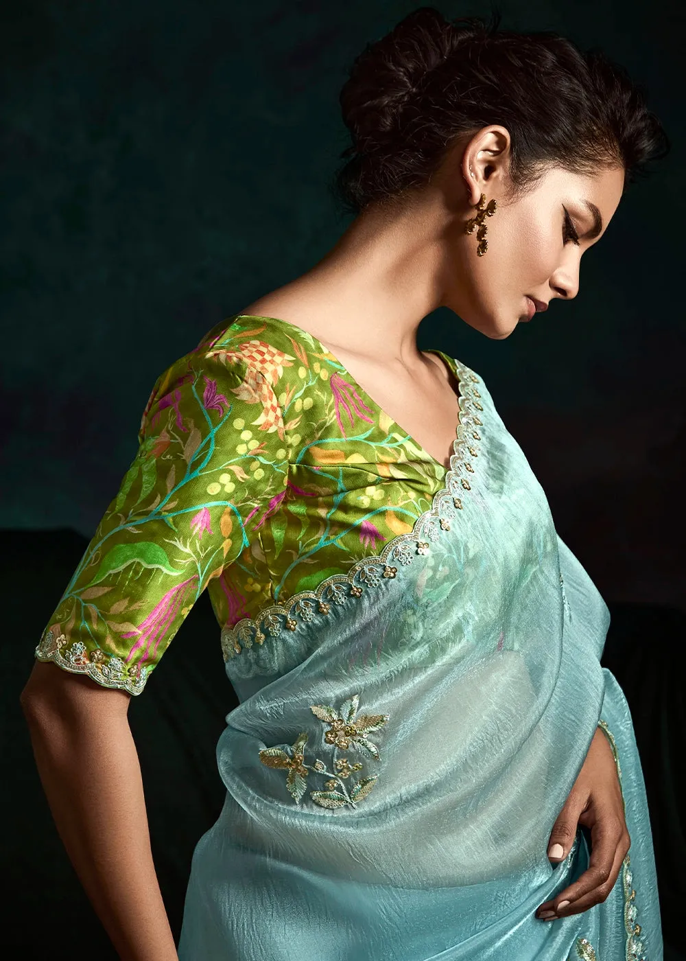 Baby Blue Tissue Saree with Dhaga,Thread & Sequin Embellishments