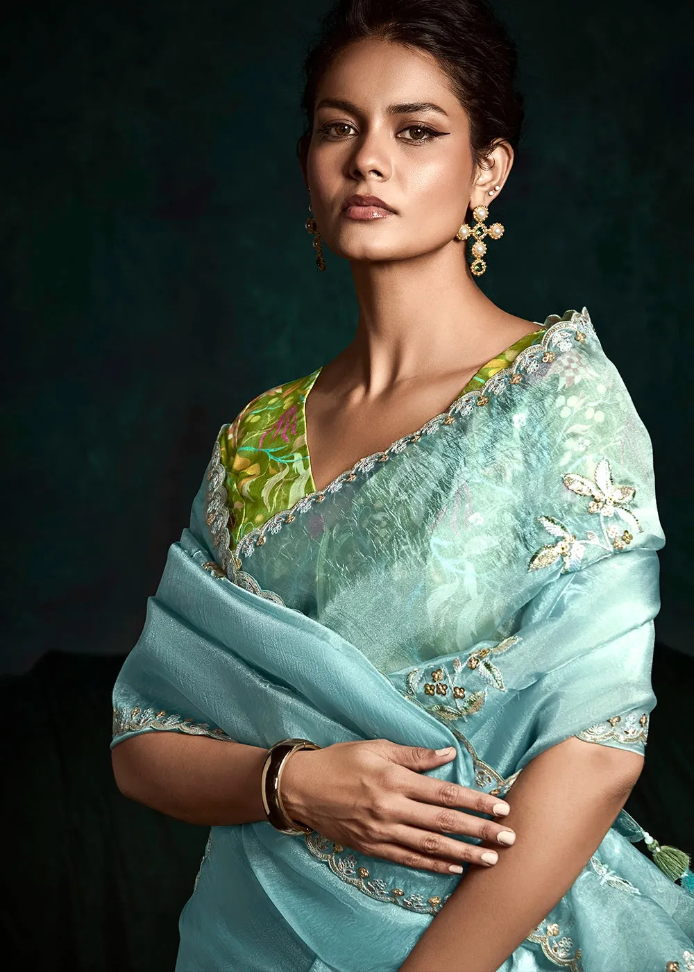 Baby Blue Tissue Saree with Dhaga,Thread & Sequin Embellishments