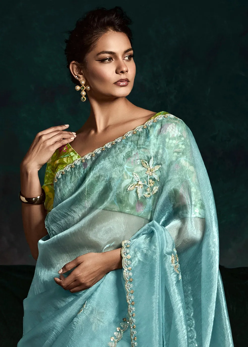 Baby Blue Tissue Saree with Dhaga,Thread & Sequin Embellishments