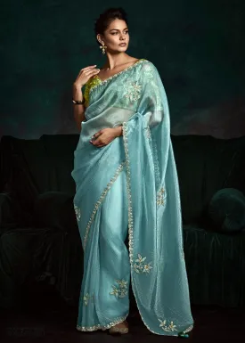 Baby Blue Tissue Saree with Dhaga,Thread & Sequin Embellishments