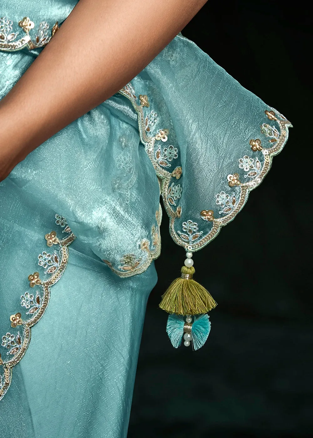 Baby Blue Tissue Saree with Dhaga,Thread & Sequin Embellishments
