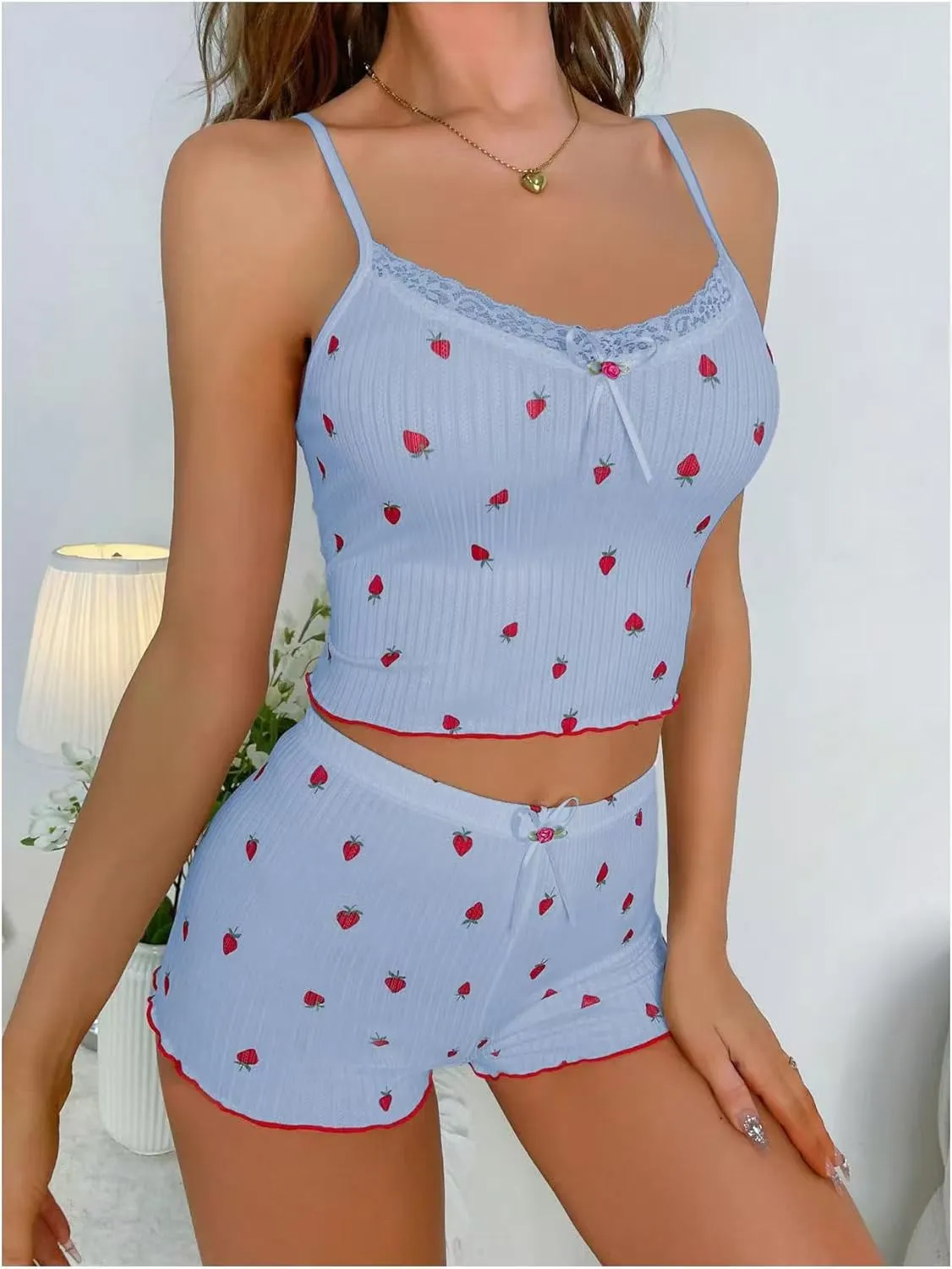 Big Pit Strip Home Ladies Bow Suspender Shorts Two-piece Suit Lace