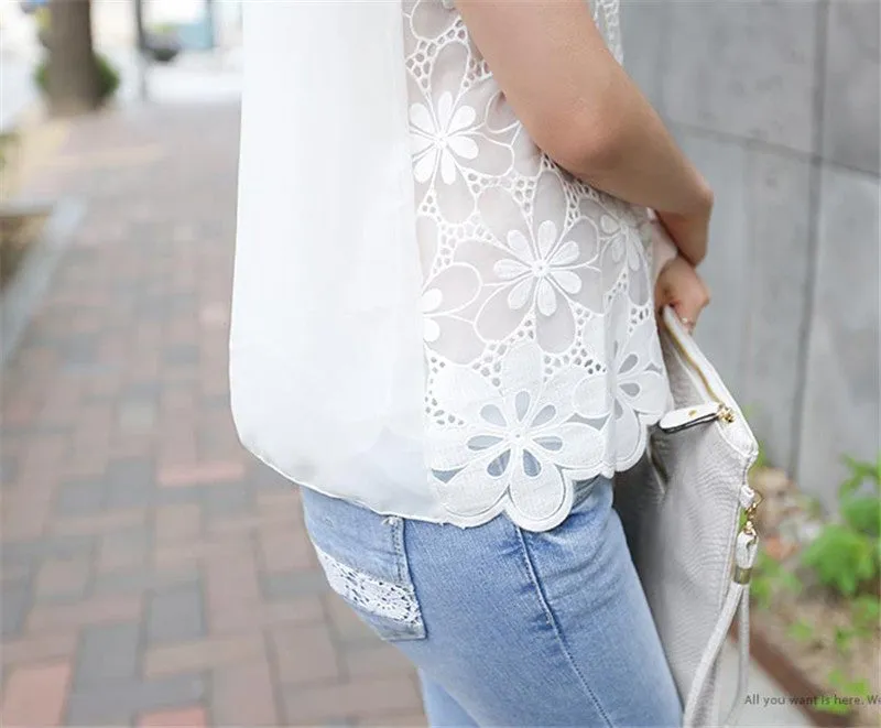 Elegant Sleeveless Blusas Crochet Casual Shirt