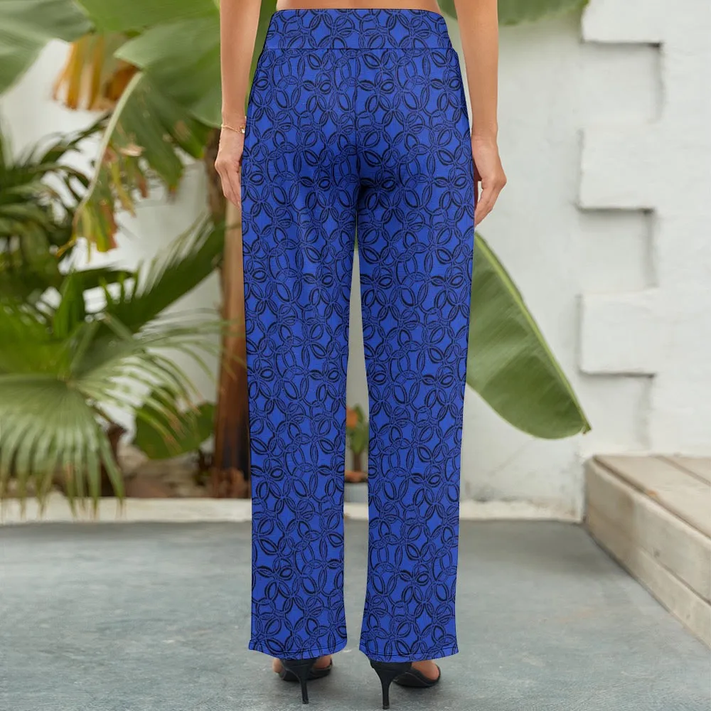 Geometric Blue and White Women's Wide Leg Pants. Design hand-painted.