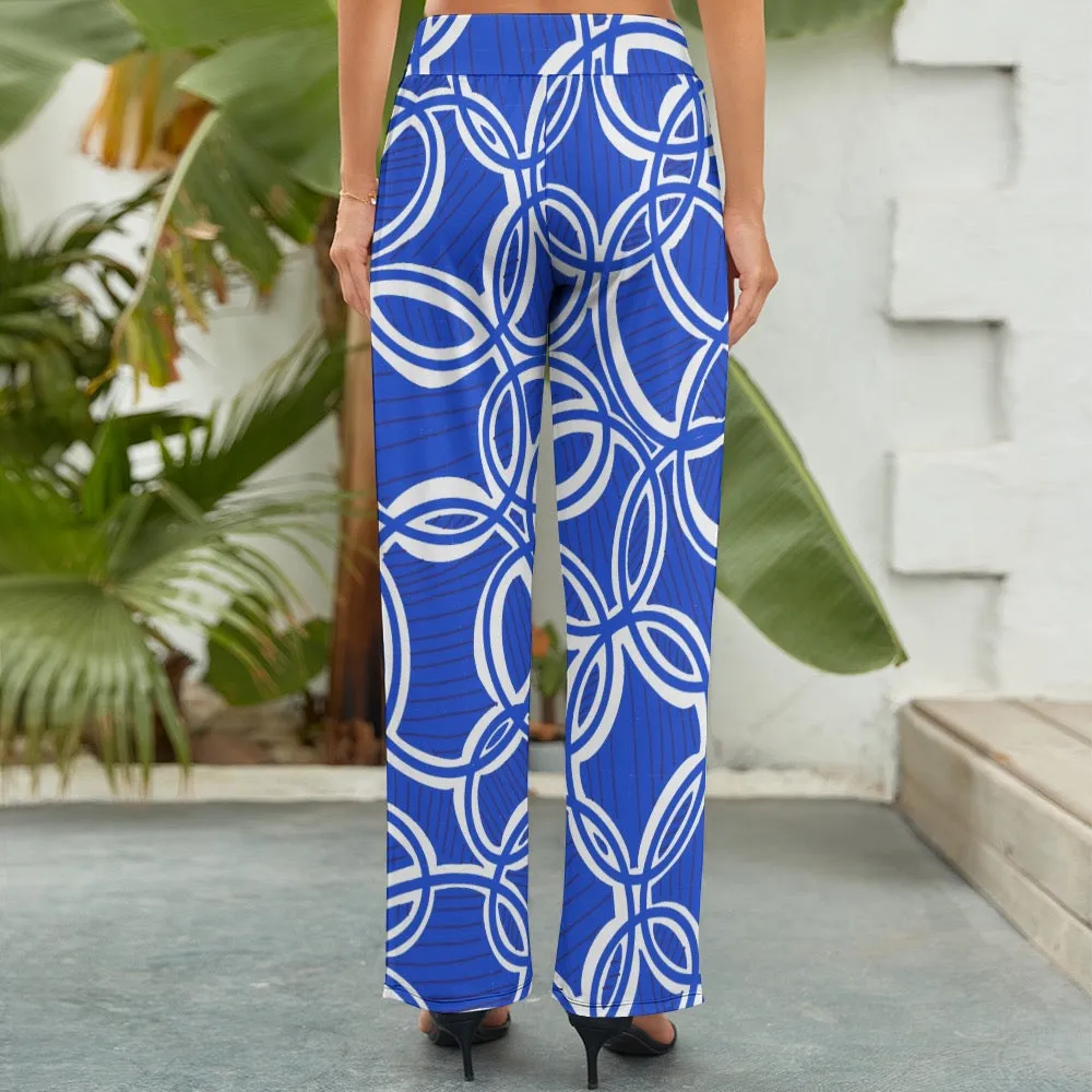 Geometric Blue and White Women's Wide Leg Pants. Design hand-painted.