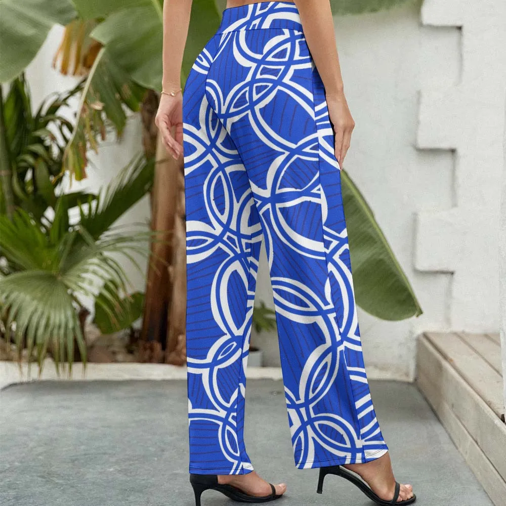 Geometric Blue and White Women's Wide Leg Pants. Design hand-painted.