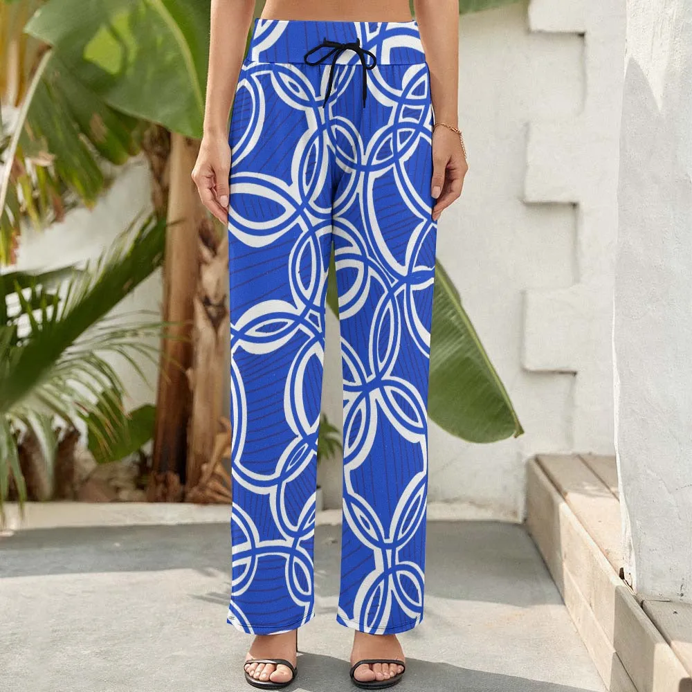 Geometric Blue and White Women's Wide Leg Pants. Design hand-painted.