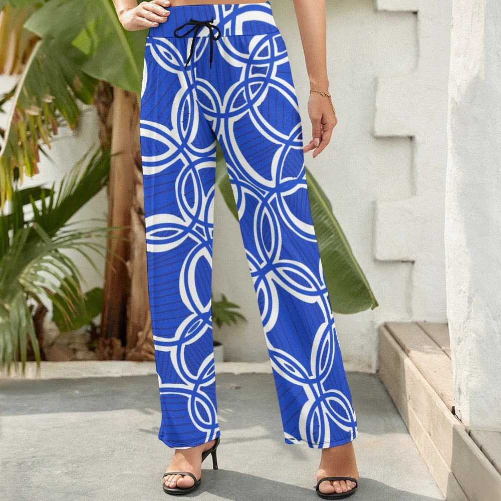 Geometric Blue and White Women's Wide Leg Pants. Design hand-painted.