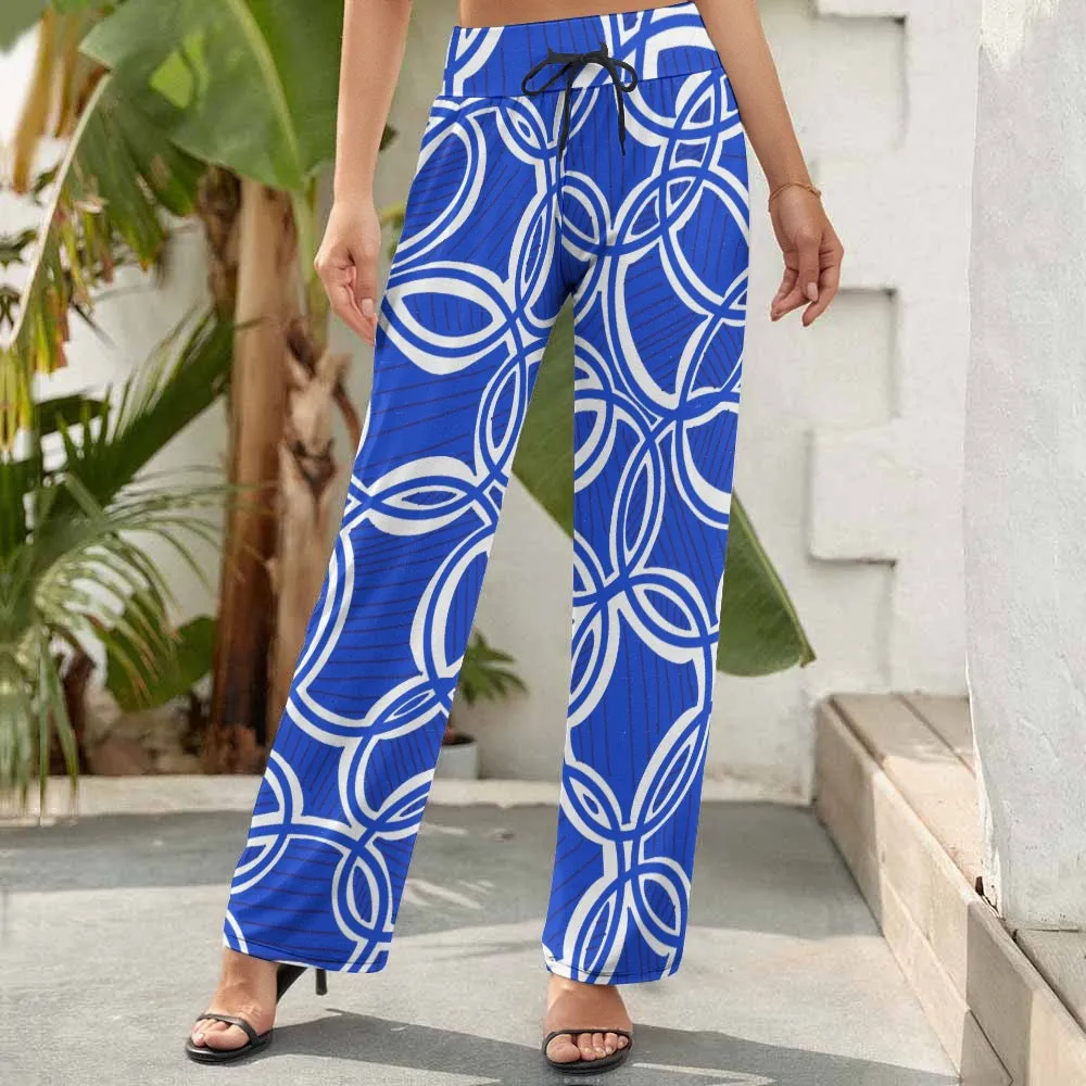 Geometric Blue and White Women's Wide Leg Pants. Design hand-painted.