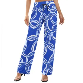 Geometric Blue and White Women's Wide Leg Pants. Design hand-painted.