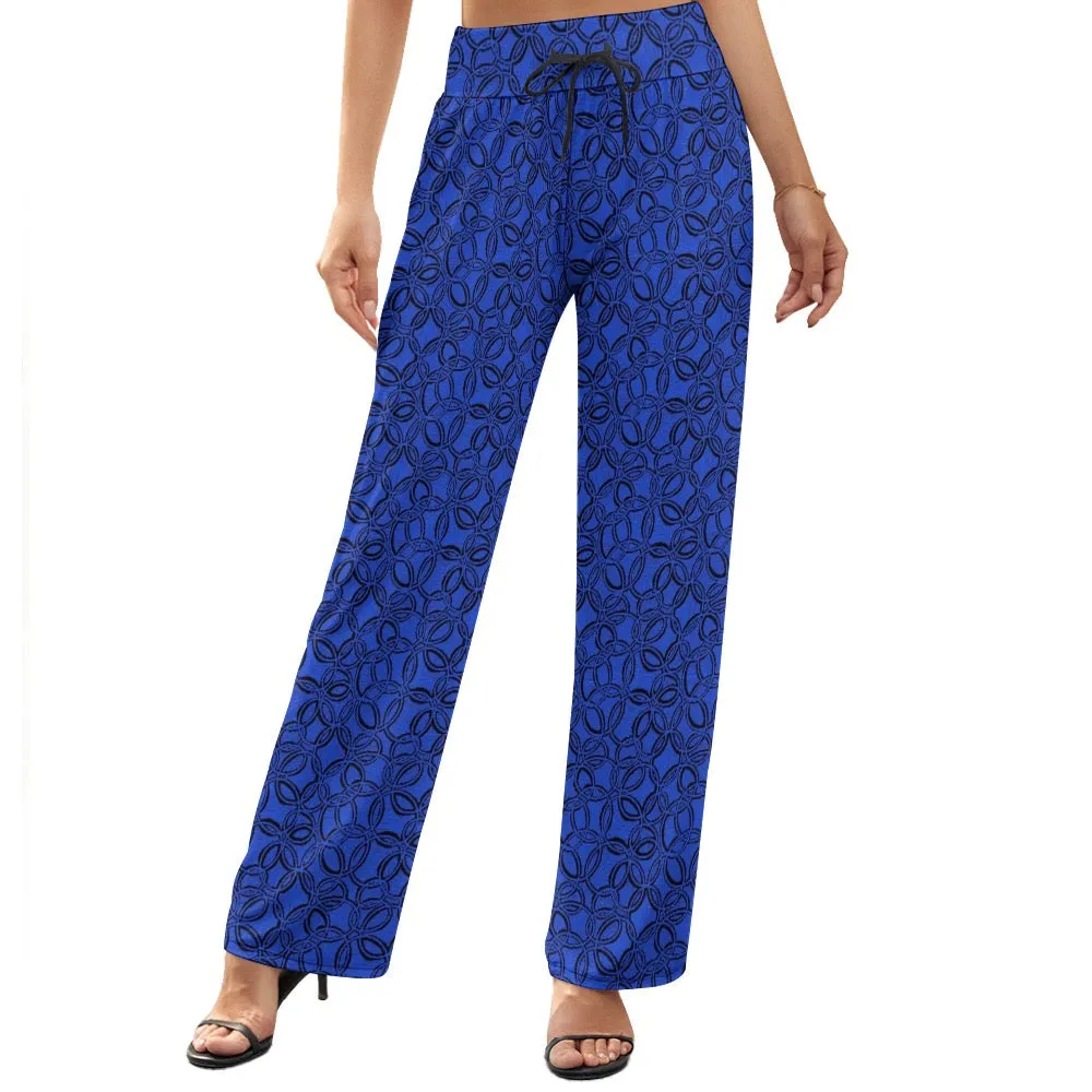 Geometric Blue and White Women's Wide Leg Pants. Design hand-painted.