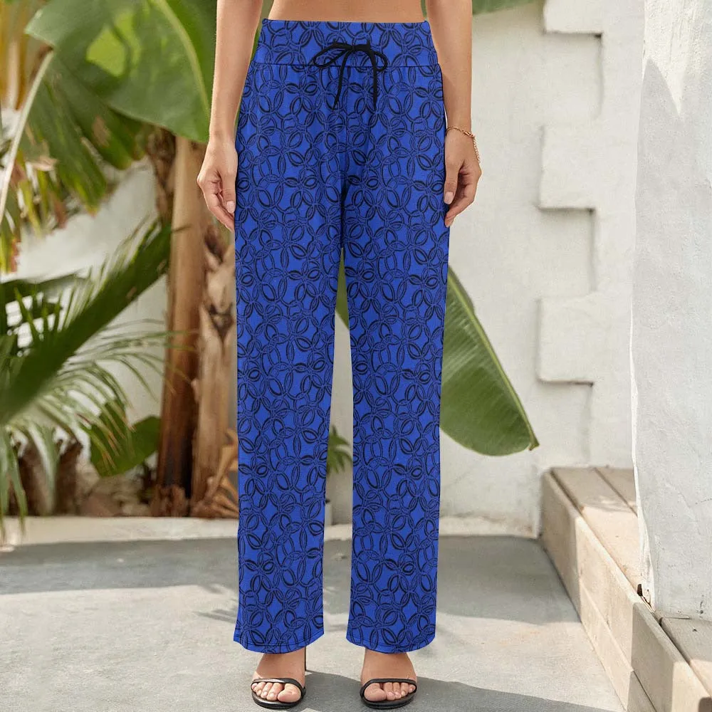 Geometric Blue Women's Wide Leg Pants. Design hand-painted.