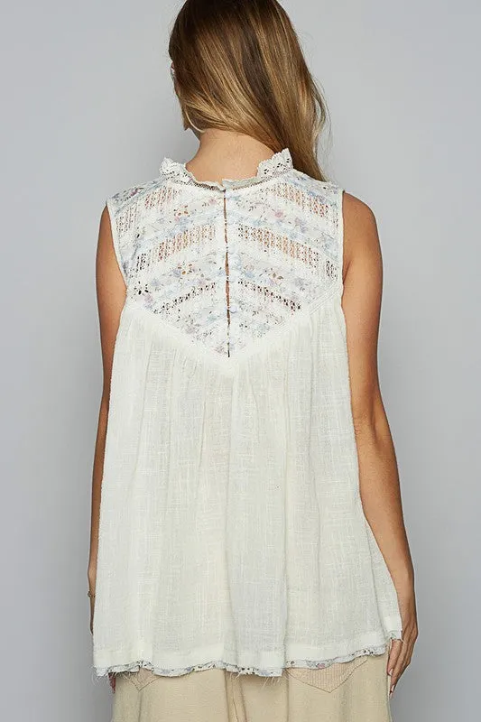 POL Clothing Lace Detail Floral Sleeveless Rayon Gauze Top