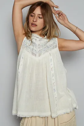POL Clothing Lace Detail Floral Sleeveless Rayon Gauze Top