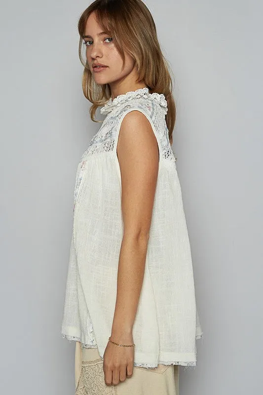 POL Clothing Lace Detail Floral Sleeveless Rayon Gauze Top
