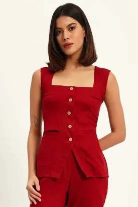 Square Neck Linen Vest, Maroon
