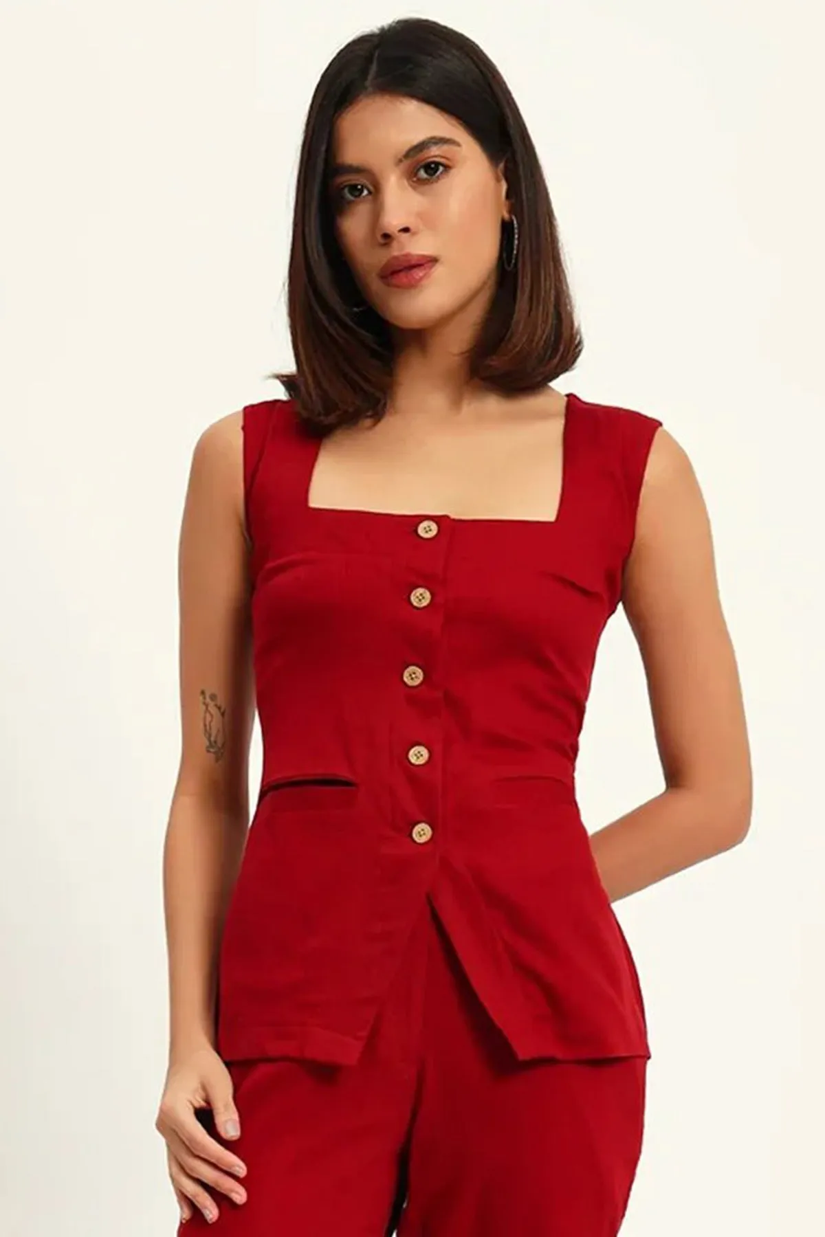 Square Neck Linen Vest, Maroon