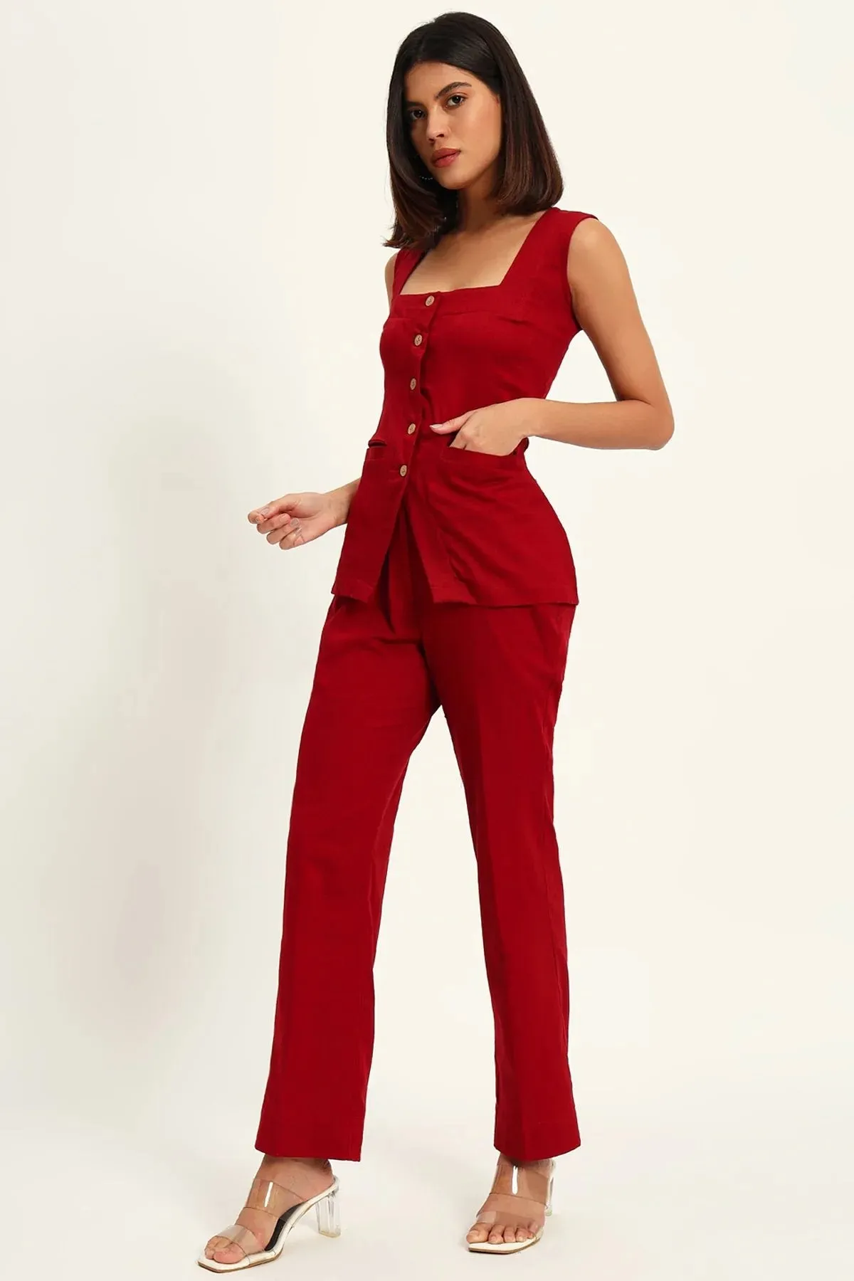 Square Neck Linen Vest, Maroon