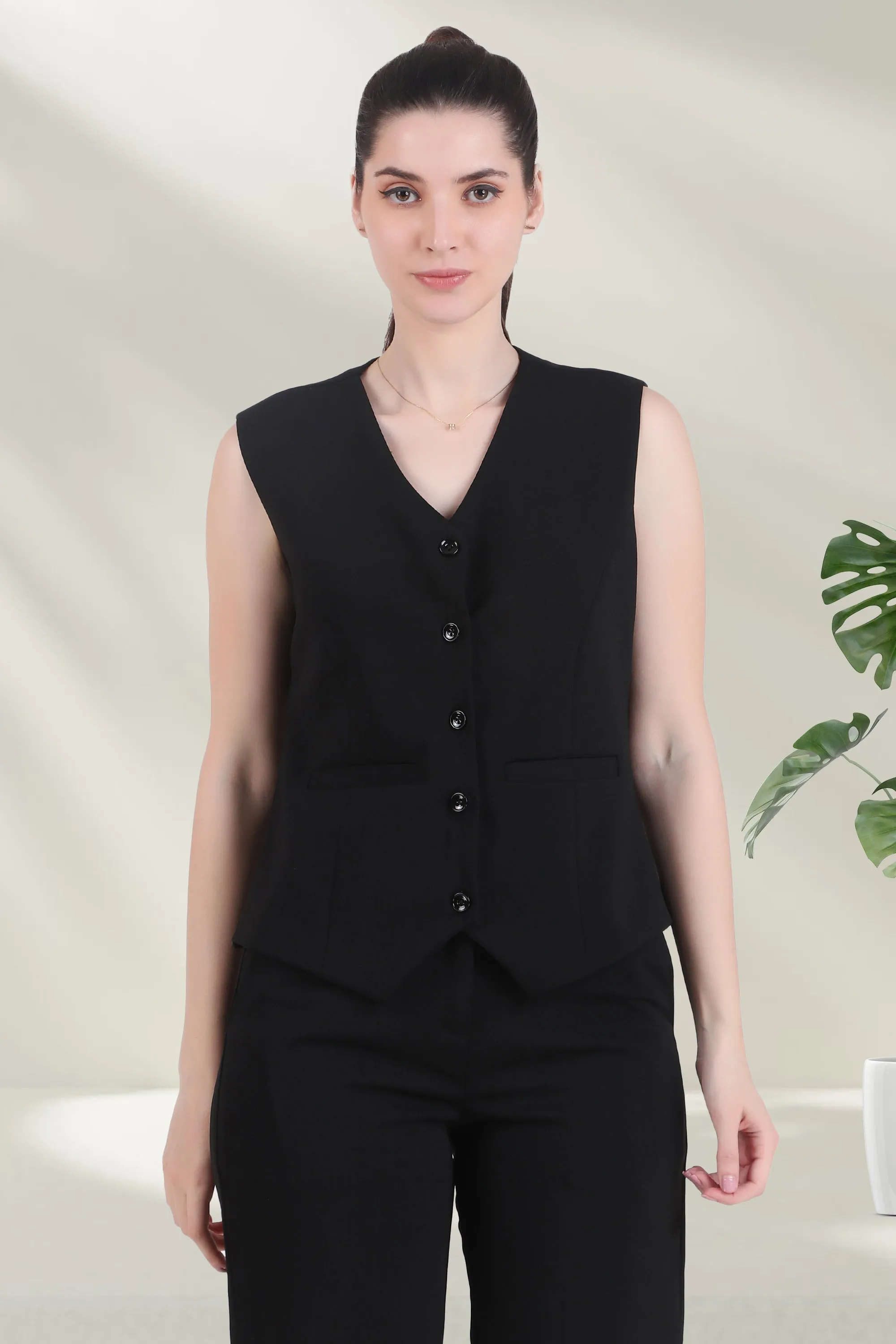 V Neck Tailored Waistcoat, Black