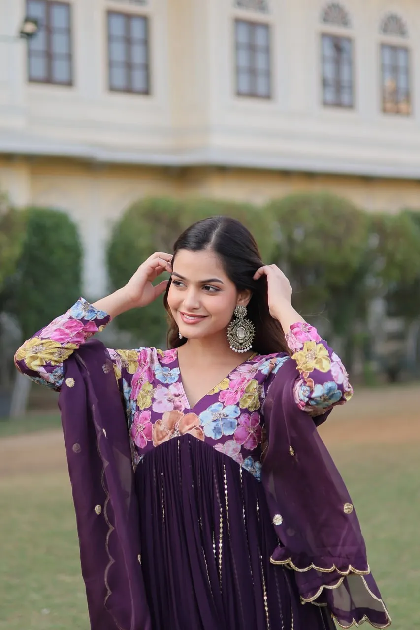 Wine Color Stunning Premium Readymade Alia Cut Kurti, Pant & Dupatta Set in Viscose & Art Silk