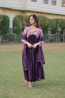 Wine Color Stunning Premium Readymade Alia Cut Kurti, Pant & Dupatta Set in Viscose & Art Silk
