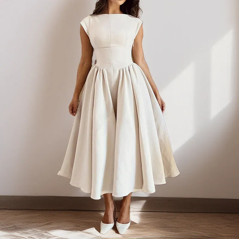 Womens Sleeveless Midi Dress  Fitted Waist  A-Line  Back Cut-Out  Formal Wear