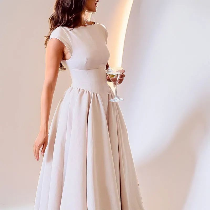 Womens Sleeveless Midi Dress  Fitted Waist  A-Line  Back Cut-Out  Formal Wear