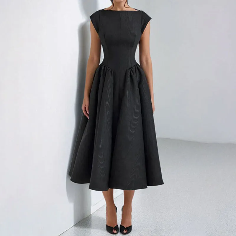 Womens Sleeveless Midi Dress  Fitted Waist  A-Line  Back Cut-Out  Formal Wear