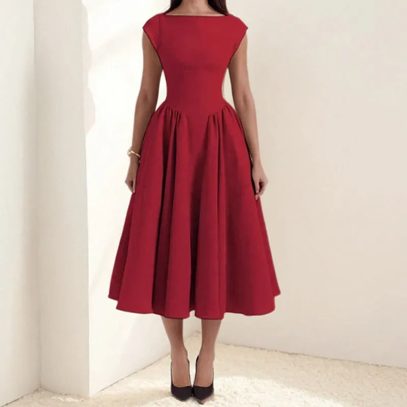 Womens Sleeveless Midi Dress  Fitted Waist  A-Line  Back Cut-Out  Formal Wear