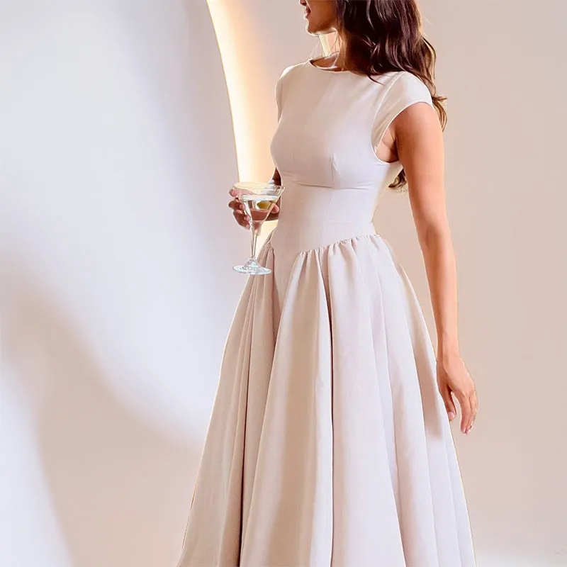 Womens Sleeveless Midi Dress  Fitted Waist  A-Line  Back Cut-Out  Formal Wear