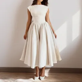Womens Sleeveless Midi Dress  Fitted Waist  A-Line  Back Cut-Out  Formal Wear