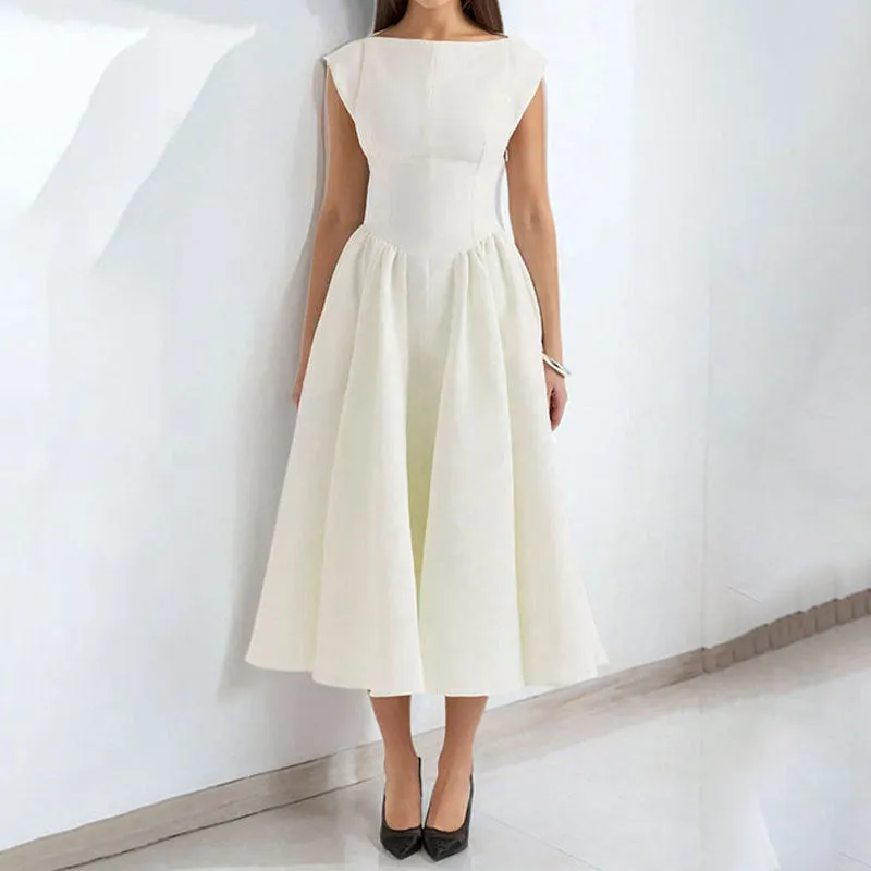 Womens Sleeveless Midi Dress  Fitted Waist  A-Line  Back Cut-Out  Formal Wear